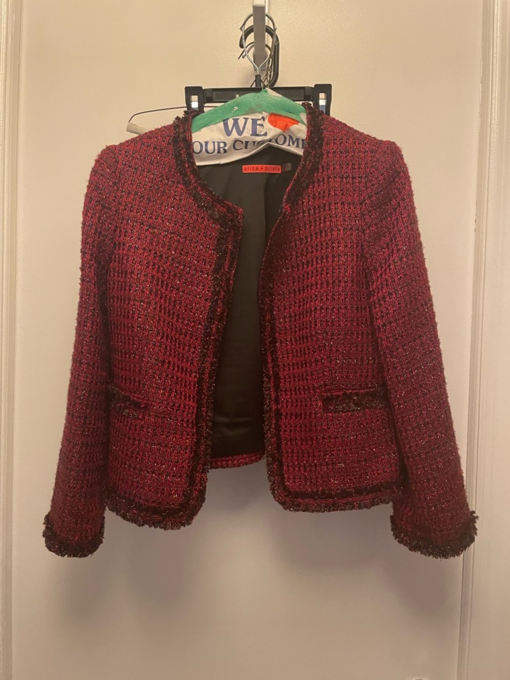 Alice + Olivia Deep Burgundy Tweed Collarless Jacket